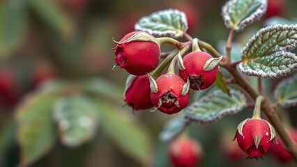 Four Birds Sitting on a Snowy Branch in Winter