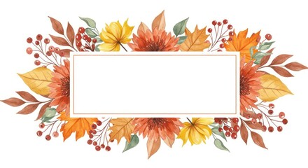 Fototapeta premium Watercolor Autumn Floral Frame with Fall Leaves and Berries Arrangement