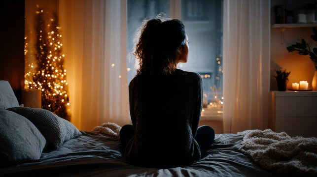 A person alone bed Christmas Eve, staring ceiling, unable sleep due to feelings of loneliness. Loneliness during Christmas holidays with copy space, holiday contrast, aging, and emotional storytelling