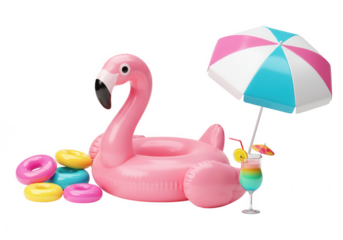 A pink flamingo pool float with colorful rings and a tropical drink under an umbrella isolated on transparent background