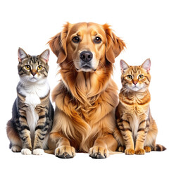 Portrait of a golden retriever dog with two tabby cats