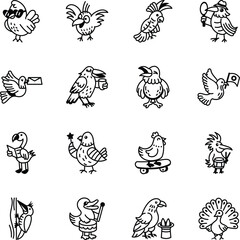 Set of Birds and Nature Doodle Style Icons 