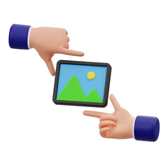 3D cartoon hands making a frame gesture around a picture icon