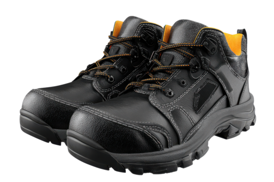 Black leather work boots with orange accents and yellow laces on black footwear, Isolated On Transparent Background, Png Cut Out