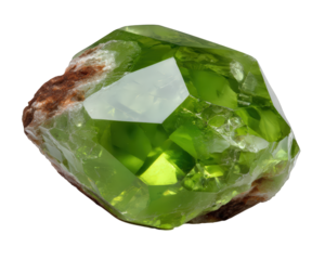 Green peridot crystal shard mineral fragment with natural rough surface, vibrant color, and high clarity, isolated on transparency background, evoking freshness and energy