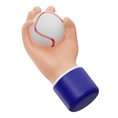 3D cartoon hand holding a baseball for sports concept