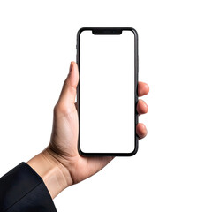 Hand holding a smartphone with blank white screen. Isolated on black background