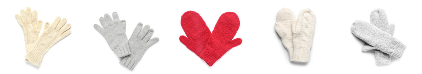 Collage of knitted gloves with mittens on white background