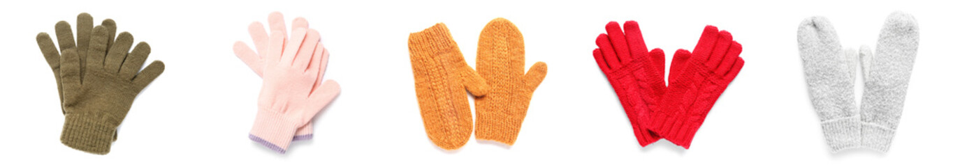 Set of knitted gloves with mittens on white background