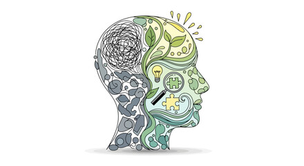 Conceptual illustration of human mind showing thoughts, clarity, and mental health