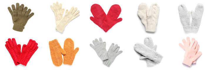 Collage of knitted gloves with mittens on white background