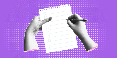 Trendy halftone banner with hands holding pen and empty sheet of paper. To do or checklist. Modern retro style.Contemporary collage for design template. Vector illustration