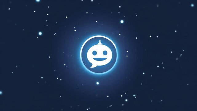 Glowing chatbot icon animation with particle effects on dark background