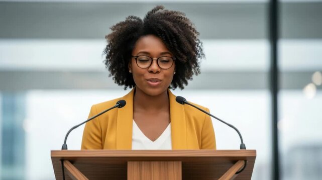 African American woman giving a speech at a podium with microphones