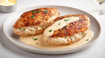 Gourmet Stuffed Chicken Breast with Creamy Sauce, Served on White Plate, Elegant Restaurant Meal, Fine Dining