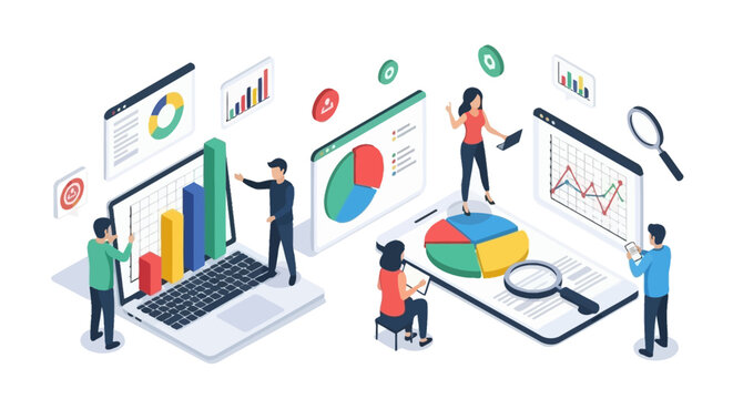 Dynamic business data analysis and market research. Professionals utilize digital tools to interpret financial reports, visualize trends, and optimize strategies