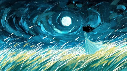 Abstract blue background with swirling green lines suggesting bright energy motion and fractal texture