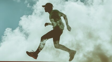 Silhouette vector illustration of running man and horse in the desert under a black sky, depicting sport, action, and competition