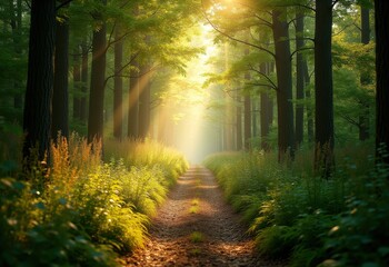 Obraz premium Enchanting Forest Pathway Illumined by Soft Sunlight Natural Scenery Wild Flora and Fauna