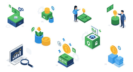 Isometric illustration depicting financial growth, investment, and digital currency concepts with modern technology integration