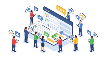 Digital collaboration and online service management with a team interacting on a browser and mobile screens, emphasizing user experience and social feedback