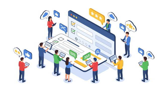 Digital collaboration and online service management with a team interacting on a browser and mobile screens, emphasizing user experience and social feedback