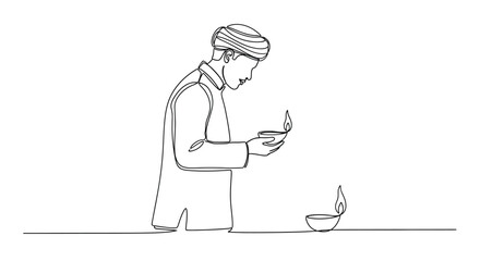 Single line drawing of a person wearing a turban reading a book with a small plant nearby