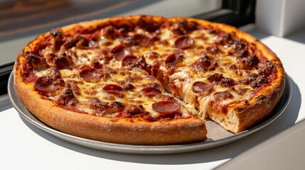 Delicious Pepperoni and Sausage Pizza on Metal Tray, Freshly Baked, Italian Cuisine, Restaurant Food, Appetizing Meal, Close Up