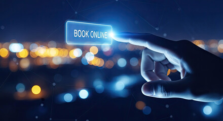 Book Online Now: Finger Touching Digital Button for Reservations and Appointments. Modern Interface for Travel, Events, and Services Booking Concept.