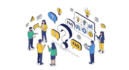 FAQ and Customer Support Consulting Team Discussion and Information Sharing with Question Marks