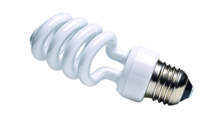 Compact fluorescent light bulb with spiral tube design and energy efficient illumination technology detail isolated on white background