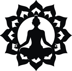 Elegant silhouette of a woman in lotus pose with intricate mandala design