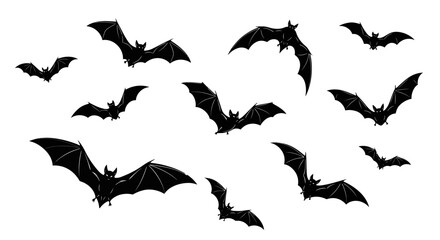 A menacing flock of black flying bats in silhouette, a spooky colony of nocturnal creatures isolated on a white background for Halloween themes