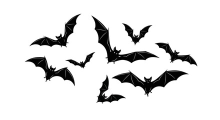 Set of black bat silhouettes flying in a group, a classic horror and Halloween symbol isolated on white