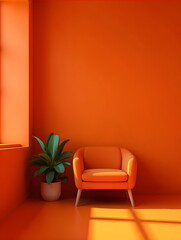 Cozy orange armchair bathed in warm sunlight next to a lush green potted plant