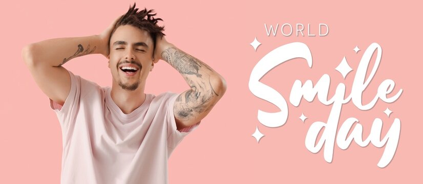 Happy young man with dreadlocks on pink background. World Smile Day - Powered by Adobe