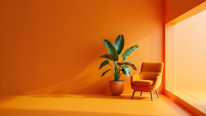 Vibrant orange modern living room corner with armchair and lush green plant decor