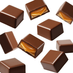 Obraz premium Several perfectly square dark chocolate caramel candies with glossy, reflective surfaces, falling dynamically against a pristine transparent studio background with copy space, luxurious confectionery