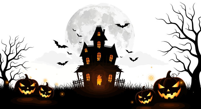 Eerie Halloween night scene with a haunted mansion silhouette, glowing jack-o'-lanterns, and bats flying in front of a full moon