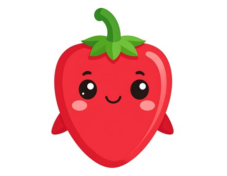 A stylized red strawberry character with a cheerful expression, big eyes, rosy cheeks, and a green stem