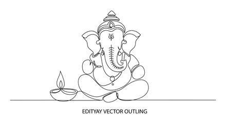 Elegant single line drawing of lord ganesha seated in meditation beside a traditional oil lamp