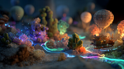 Whimsical fantasy landscape with glowing hot air balloons and vibrant bioluminescent flora at night