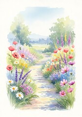 Watercolor Garden Path - A Serene Floral Landscape.
