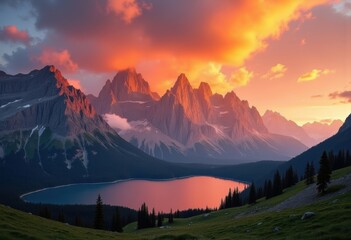 Obraz premium Majestic Mountain Range Awash in Golden Hues of Dramatic Sunset Sky Creating a Breathtaking Natural Canvas