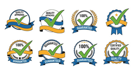 Set of Quality Guarantee Vector Icons with Check Mark and Ribbons, white background