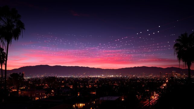 Silhouettes of palm trees against a dramatic orange and blue night sky during sunset and dusk - Powered by Adobe