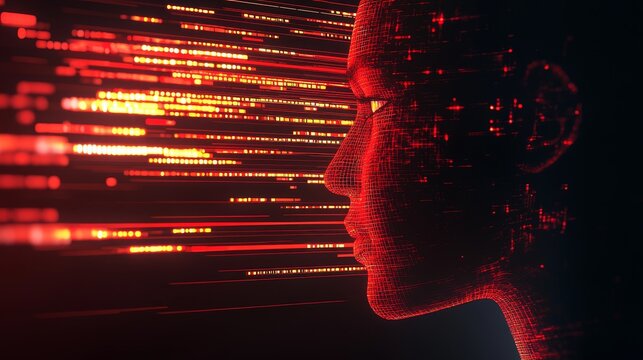 Bright glowing red binary code lines form a dark digital technology pattern texture on a black background - Powered by Adobe