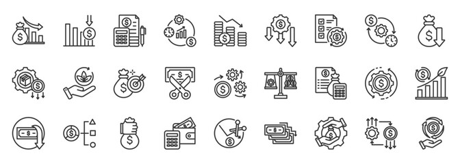 cost reduction icon set collection in outline style. icon pack contain savings, efficiency, cut, reduce, optimize, lower, minimize, control, budget, slash