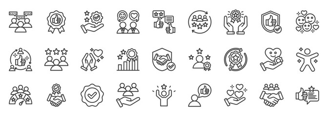 customer satisfaction icon set collection in outline style. icon pack contain loyalty, trust, happiness, feedback, review, service, smile, quality, experience, approval