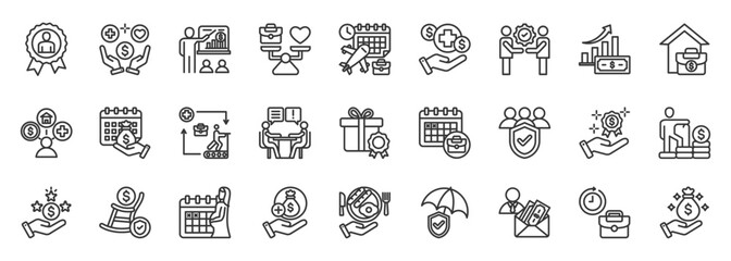 employee benefits icon set collection in outline style. icon pack contain healthcare, insurance, bonus, retirement, wellness, leave, vacation, pension, reward, flexibility